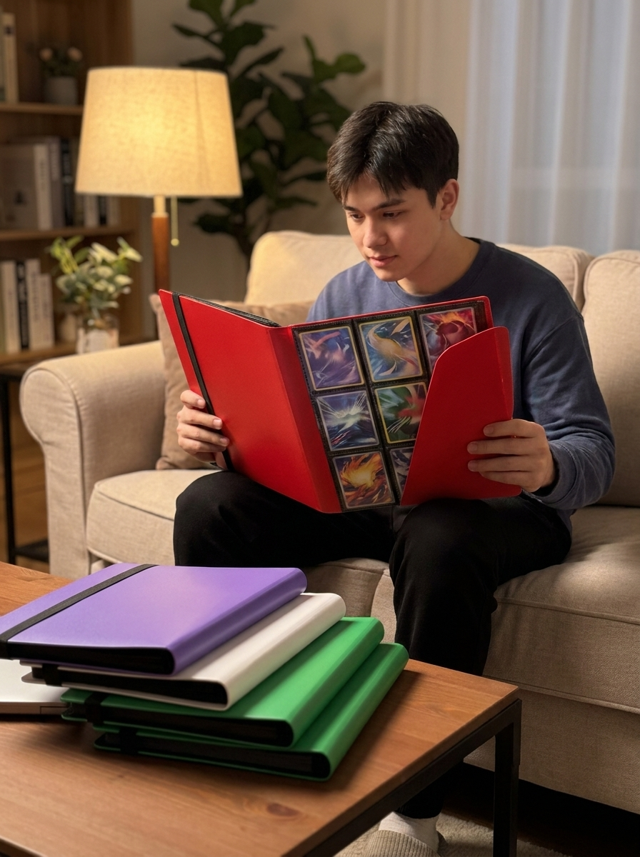 Collectionneur qui feuillette un classeur de cartes sur un canapé