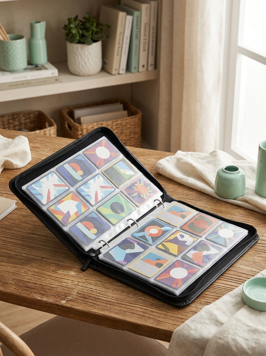 Classeur zip entrouvert sur un bureau, pochettes doubles remplies de cartes