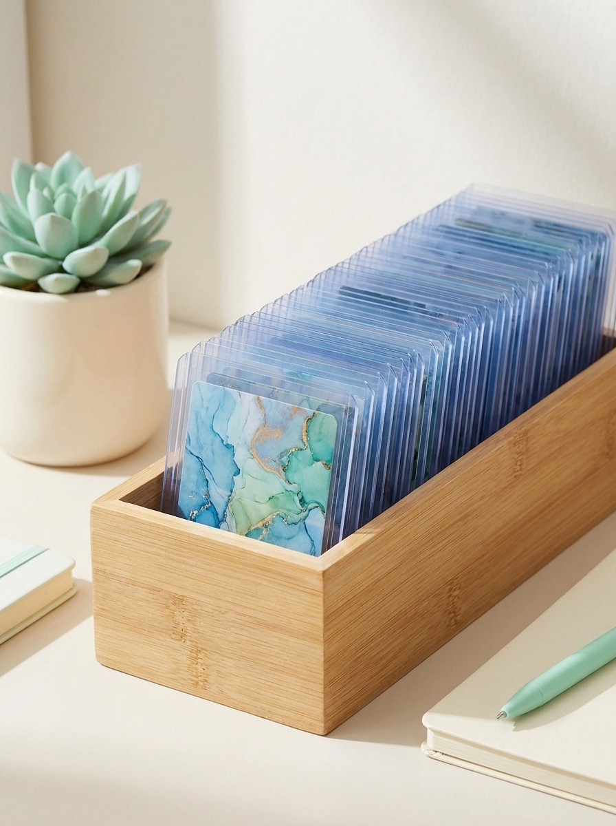 Rangée de cartes en toploaders 3×4 dans une boîte de rangement