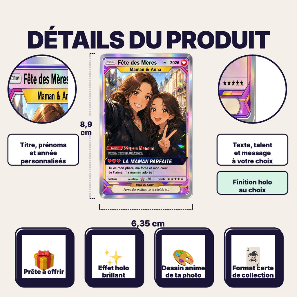 Détails de la carte personnalisée : format 6,35 × 8,9 cm, textes et finition au choix