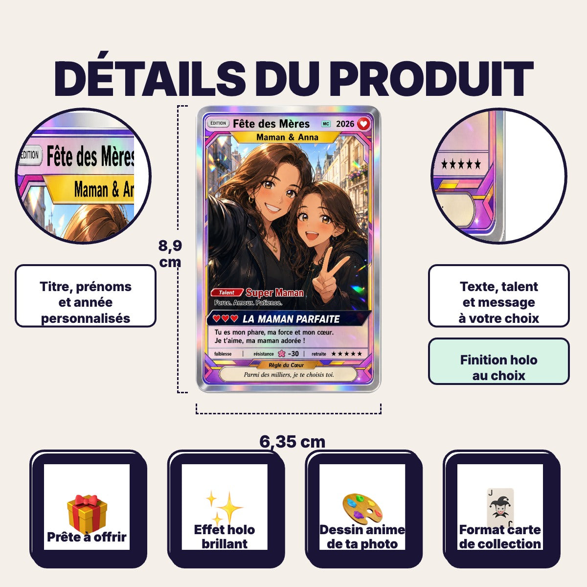 Détails de la carte personnalisée : format 6,35 × 8,9 cm, textes et finition au choix