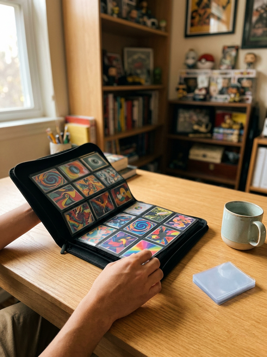 Collectionneur qui feuillette son classeur zippé Mintcase rempli de cartes sur un bureau