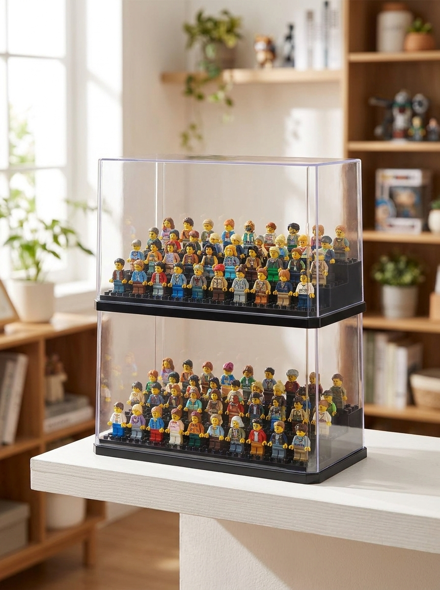 Deux vitrines acryliques Mintcase empilées sur une étagère, remplies de mini-figurines