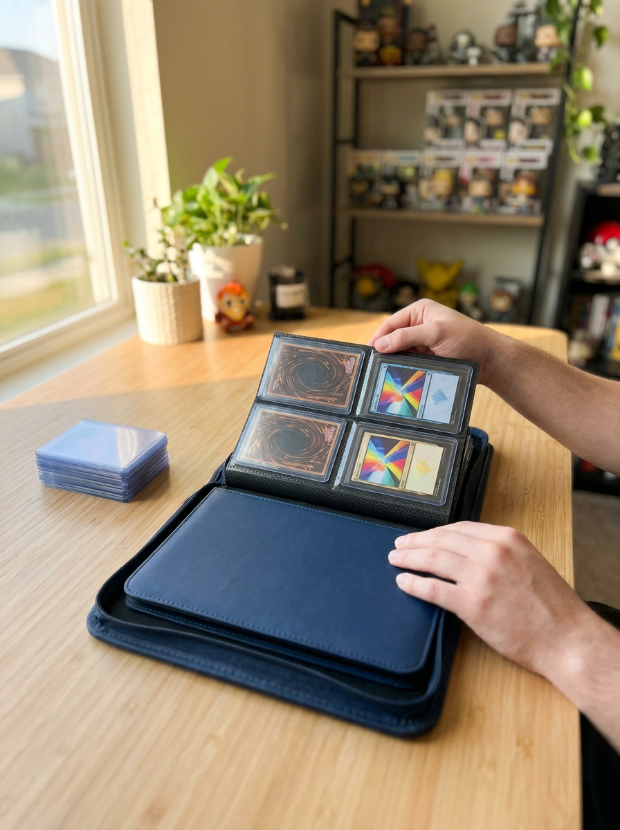 Collectionneur qui feuillette son classeur pour toploaders Mintcase sur un bureau