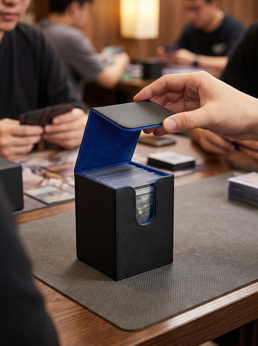 Joueur qui ouvre sa deck box Mintcase pendant un tournoi