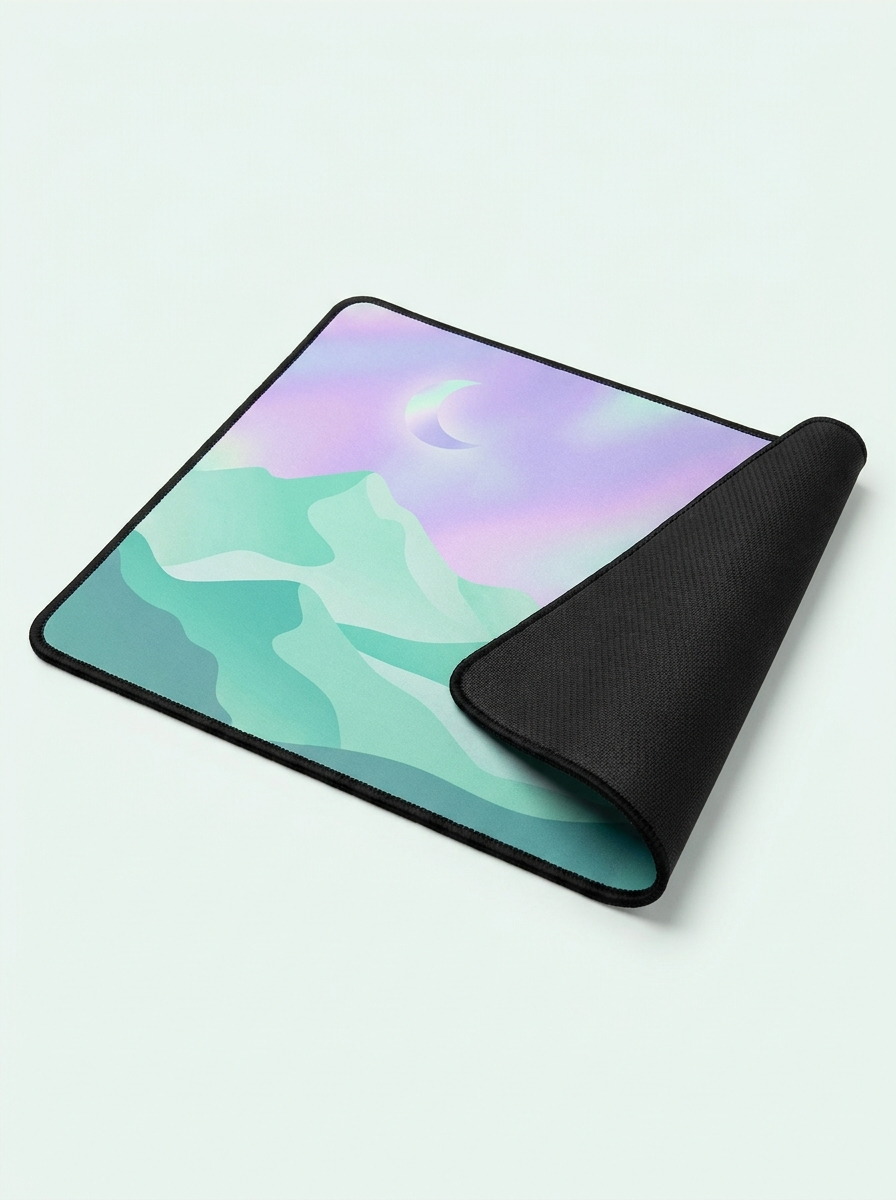 Tapis de jeu Mintcase, motif original montagnes menthe et ciel lavande, bords cousus