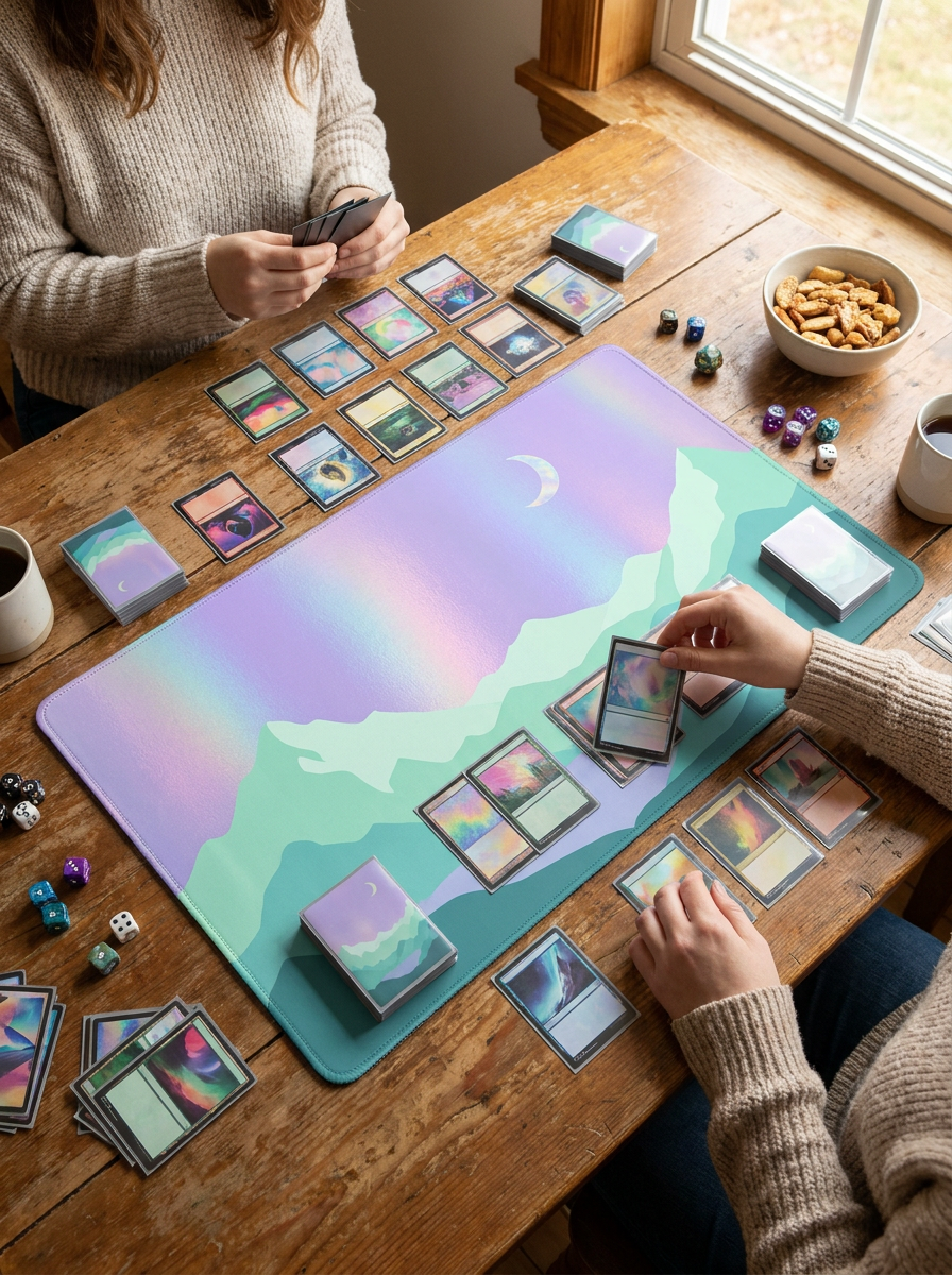 Deux joueurs en partie sur le tapis de jeu Mintcase au motif original