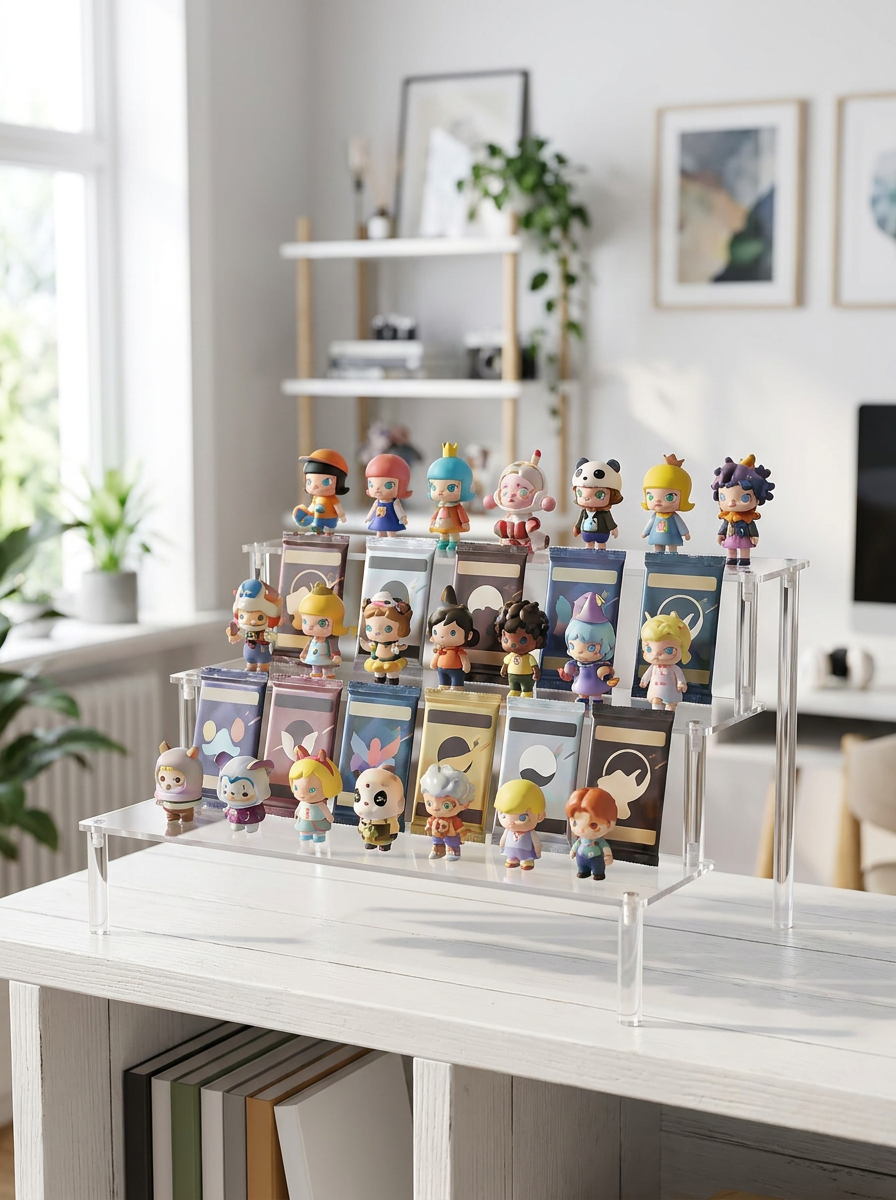 Présentoir escalier Mintcase sur une étagère avec figurines et boosters