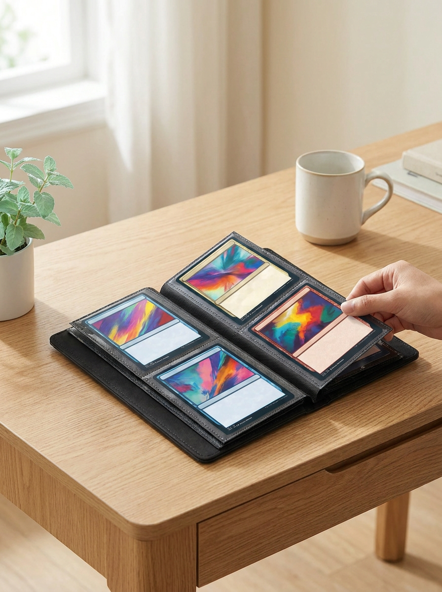 Classeur grand format Mintcase ouvert sur un bureau, cartes jumbo dans les pochettes, une main tourne la page