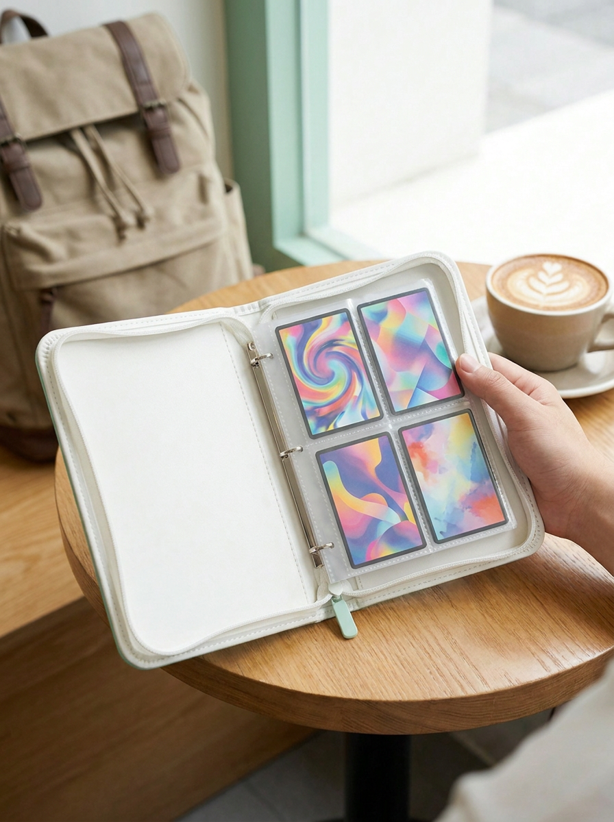 Mini classeur Mintcase tenu à la main au-dessus d'une table de café
