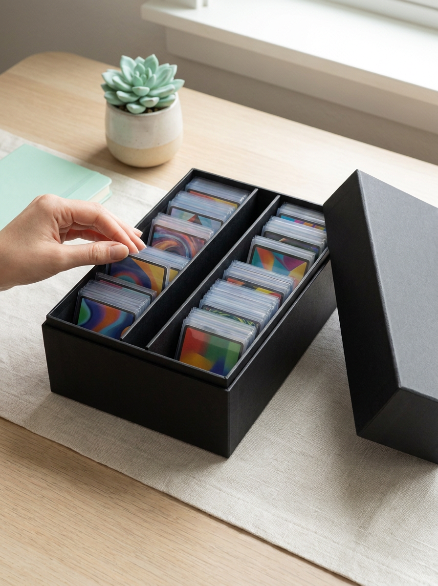 Boîte de rangement 800 cartes Mintcase ouverte, cartes triées derrière les séparateurs