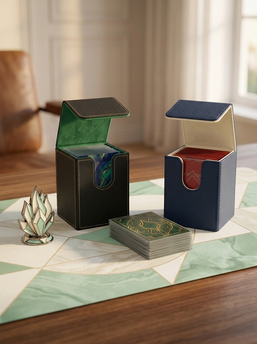Deck box Mintcase posée sur une table de jeu à côté d'un deck et d'un tapis