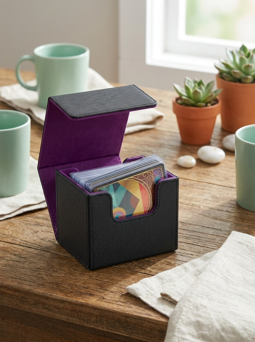 Deck box magnétique Mintcase rabat ouvert, deck à moitié sorti sur une table en bois