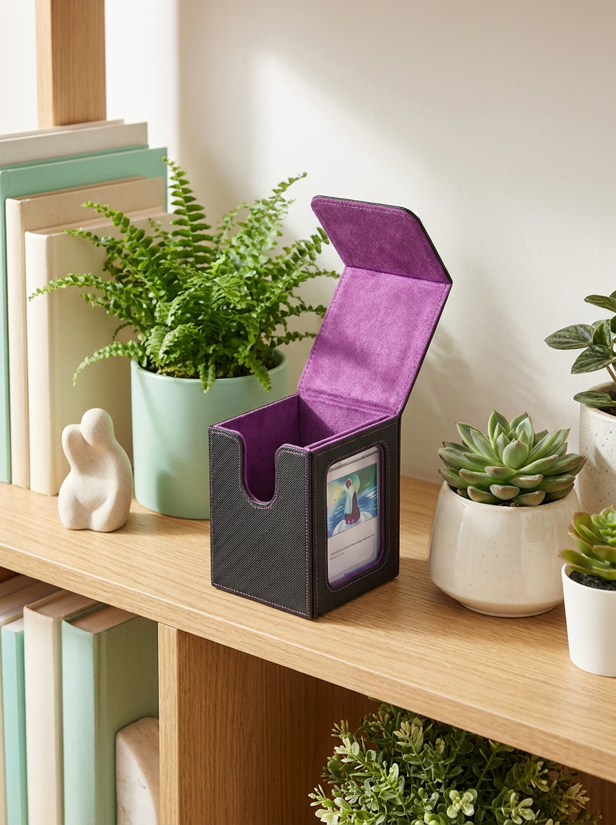 Deck box à fenêtre Mintcase sur une étagère, carte visible à travers la fenêtre