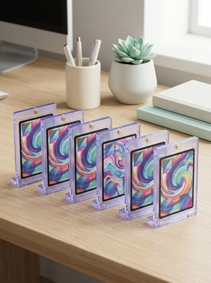 Boîtiers magnétiques 35 pt Mintcase alignés sur un bureau avec des cartes dedans