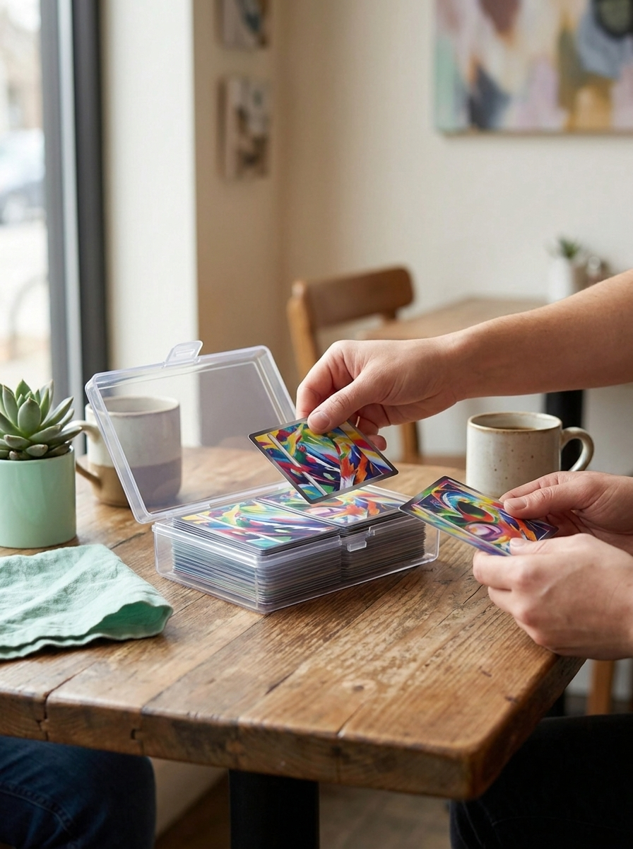 Mallette transparente Mintcase sur une table pendant un échange de cartes