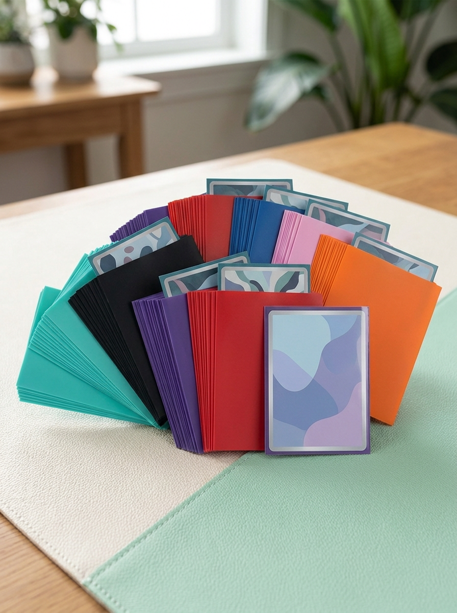 Sleeves format japonais Mintcase en éventail sur un tapis de jeu
