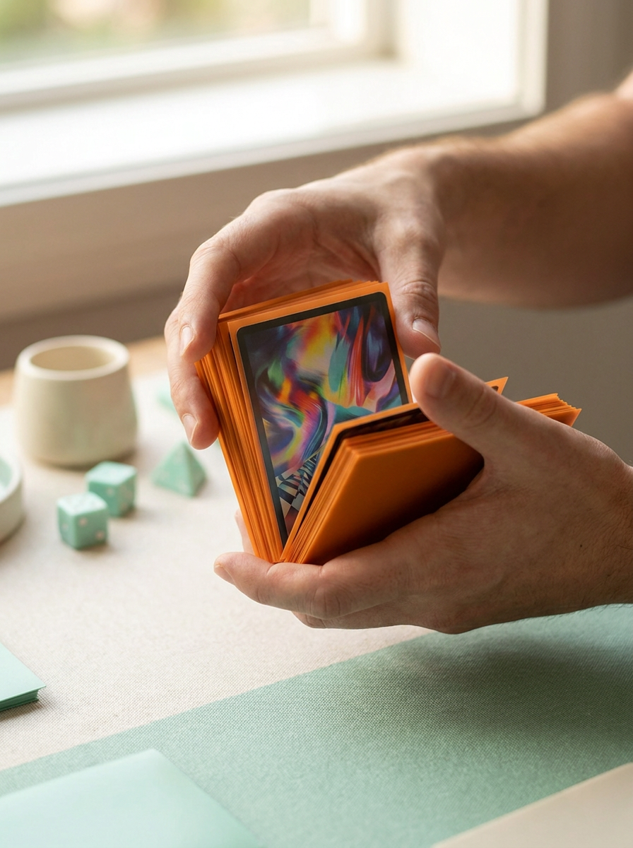 Mains qui mélangent un deck en sleeves mates Mintcase au-dessus d'un tapis