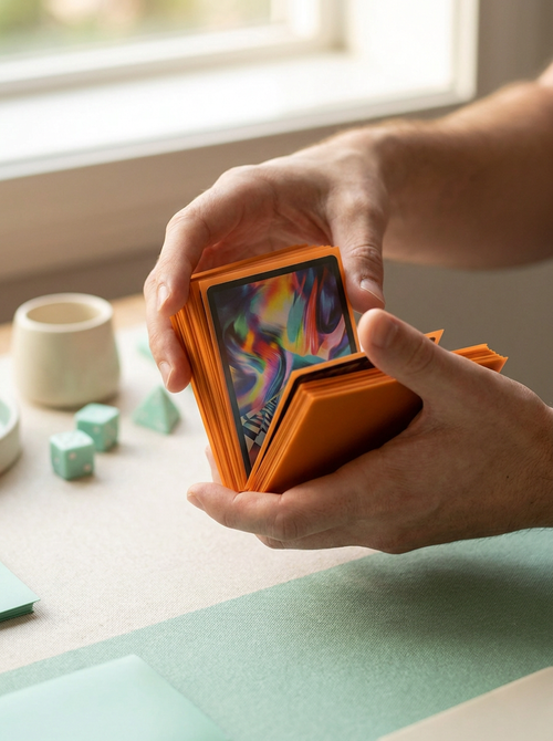 Mains qui mélangent un deck en sleeves mates Mintcase au-dessus d'un tapis