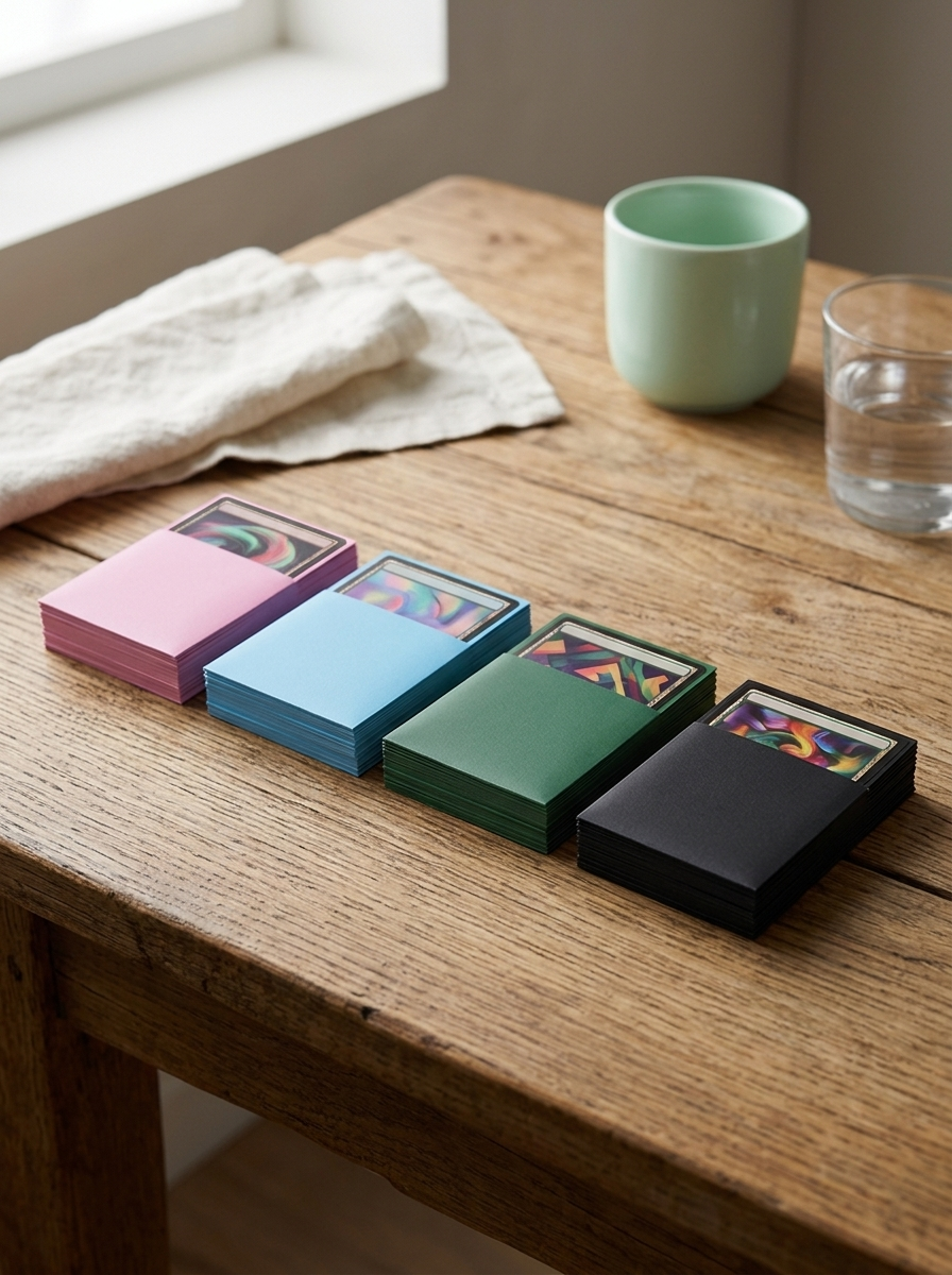 Quatre decks en sleeves mates Mintcase de couleurs différentes sur une table