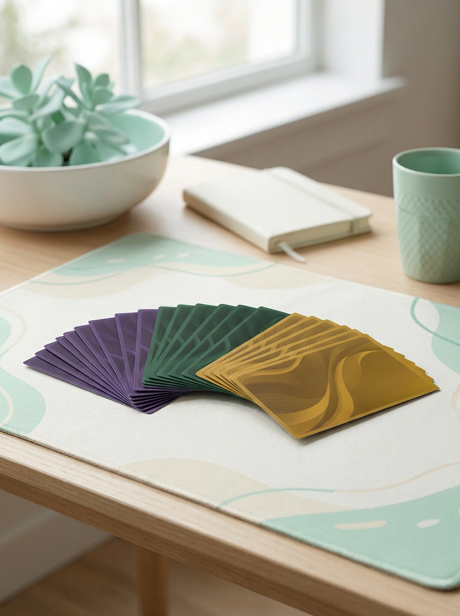 Deck en sleeves mates à motif Mintcase étalé en éventail sur un tapis de jeu