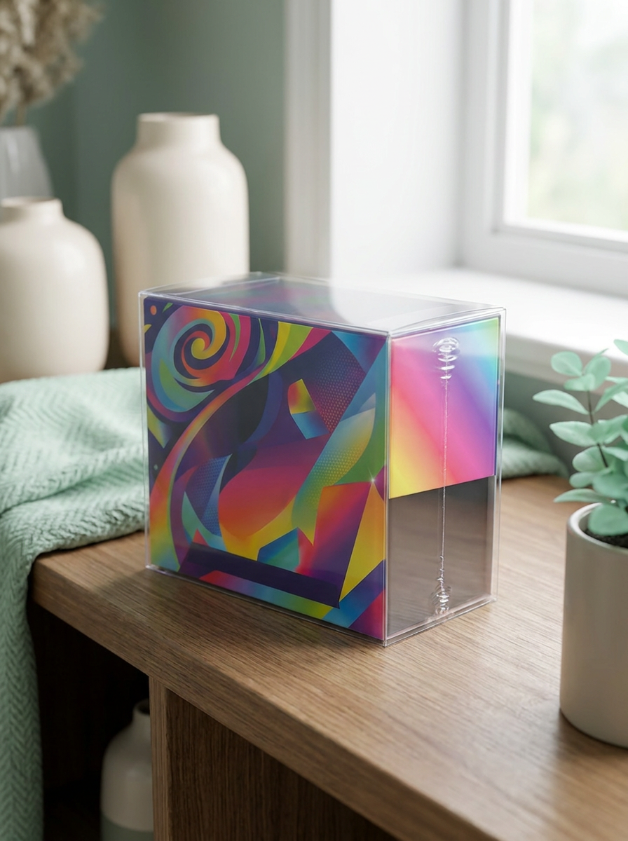 Coffret scellé dans une protection PET Mintcase sur une étagère de salon