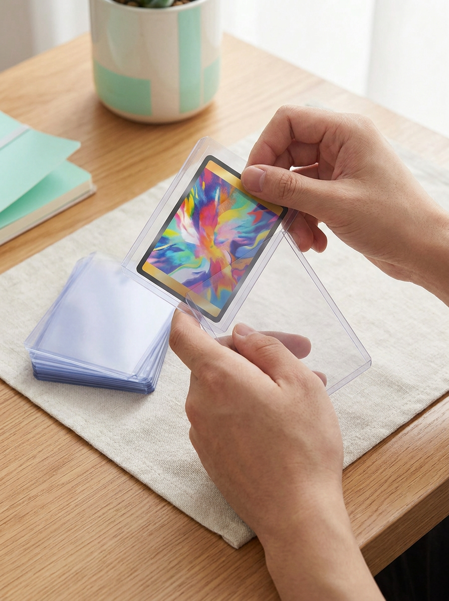 Mains qui glissent une carte en sleeve dans un toploader 35 pt Mintcase