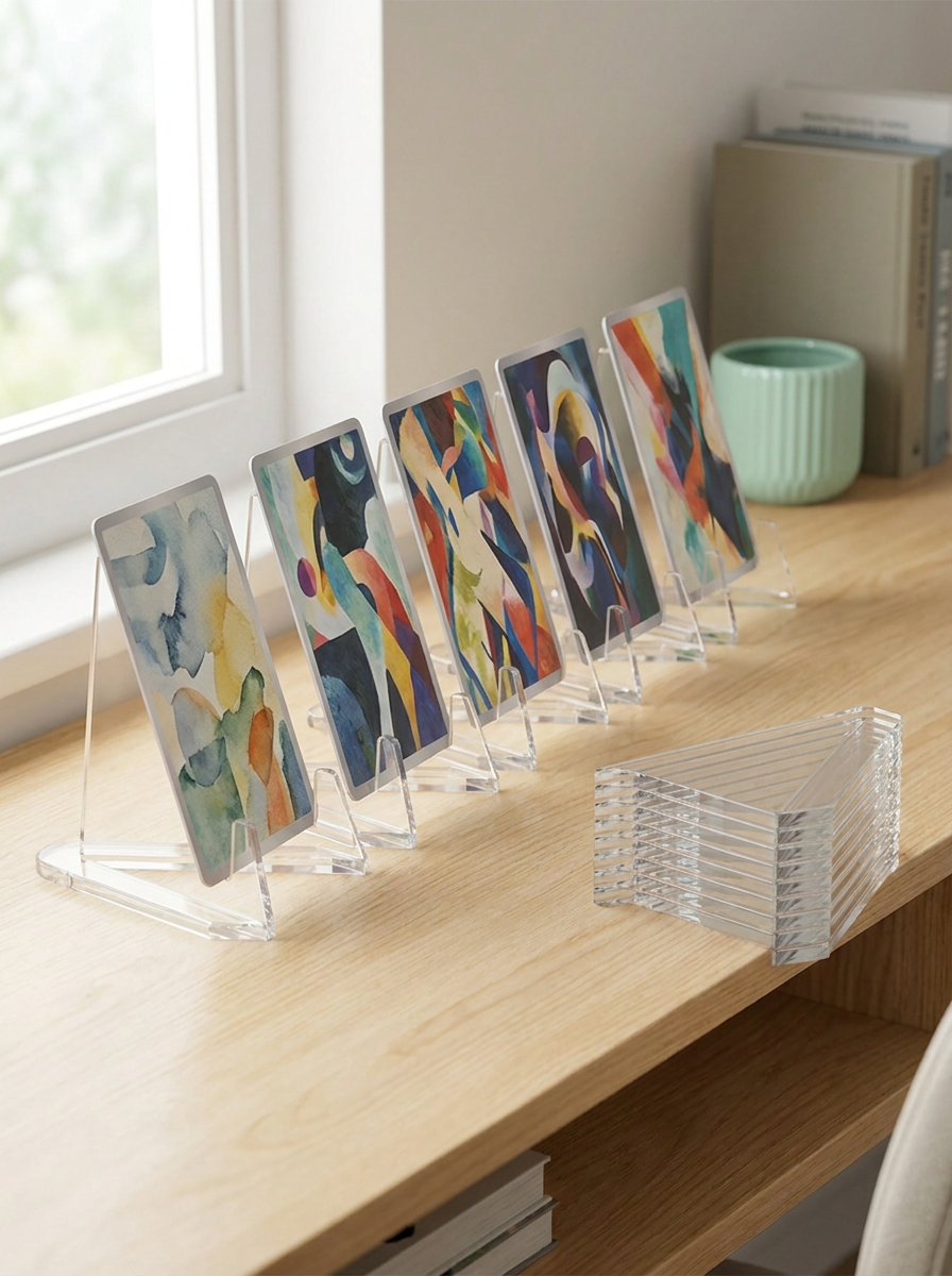 Cartes debout sur des chevalets acryliques Mintcase le long d'une étagère