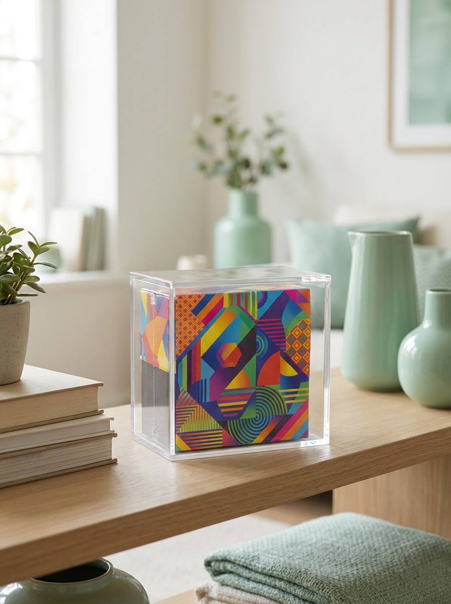 Coffret scellé protégé dans une vitrine acrylique 5 mm Mintcase sur une étagère