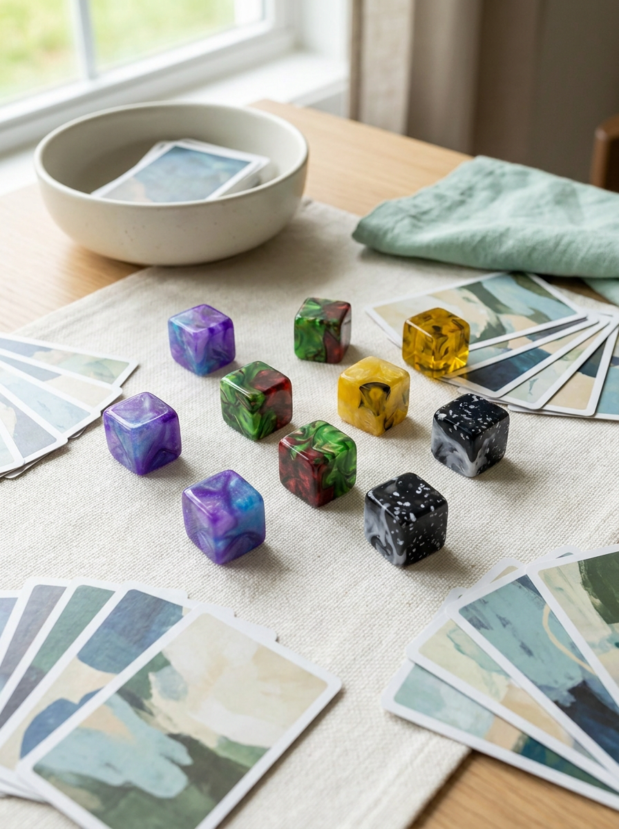 Dés compteurs translucides Mintcase sur un tapis de jeu en pleine partie
