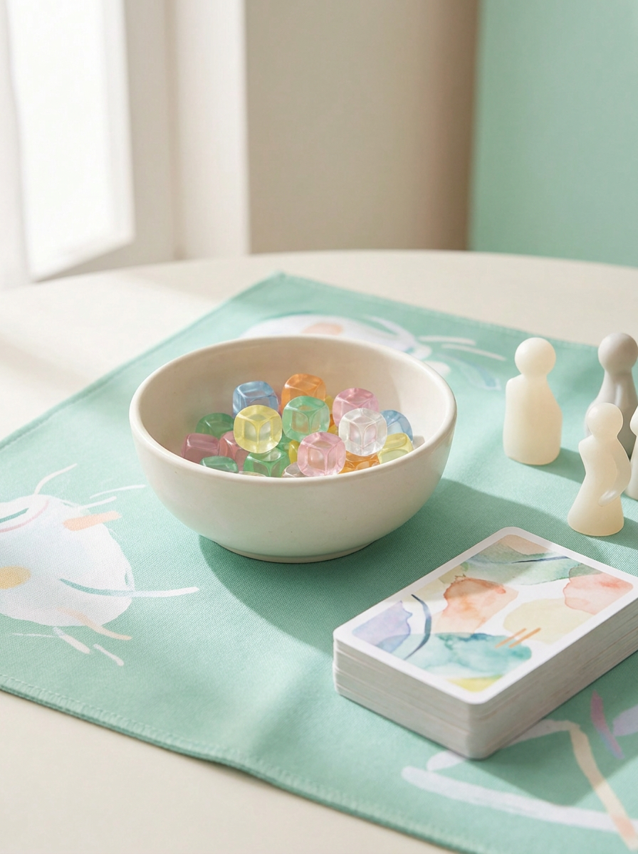 Dés compteurs Mintcase dans un bol à côté d'un tapis de jeu et d'un deck