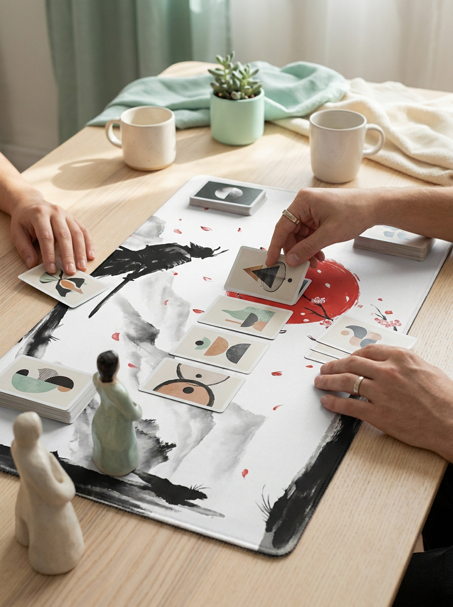 Tapis de jeu motif samouraï Mintcase sur une table, deux joueurs en partie
