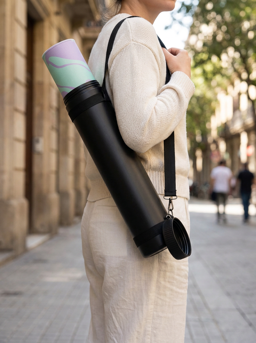 Tube de transport Mintcase porté en bandoulière avec un tapis de jeu roulé