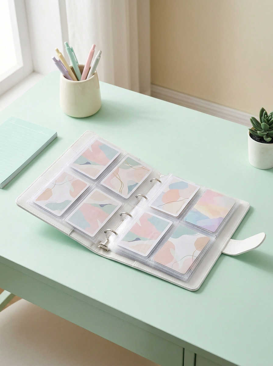 Classeur photocards A5 papillon Mintcase ouvert sur un bureau pastel