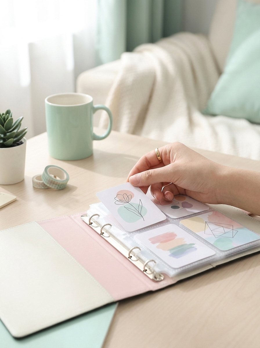 Main qui range une photocard dans un classeur A5 Mintcase