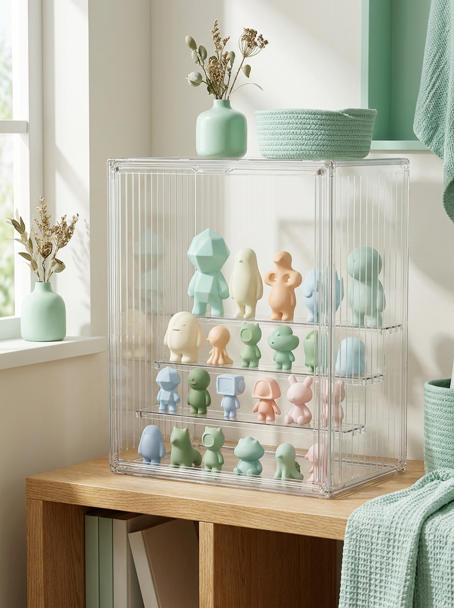 Vitrine anti-poussière Mintcase sur une étagère avec des figurines