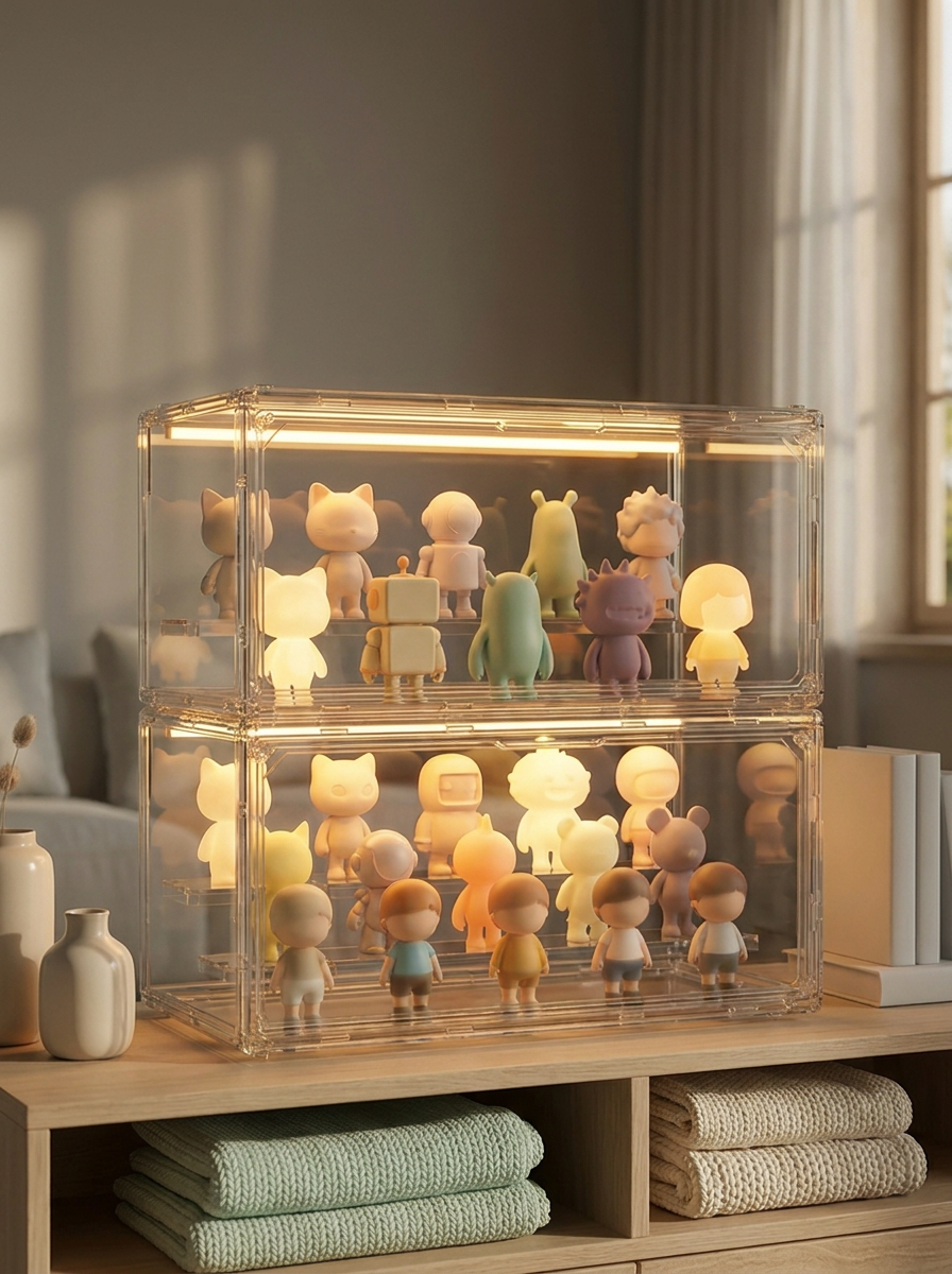 Présentoir LED Mintcase dans une pièce sombre, figurines éclairées à chaque niveau