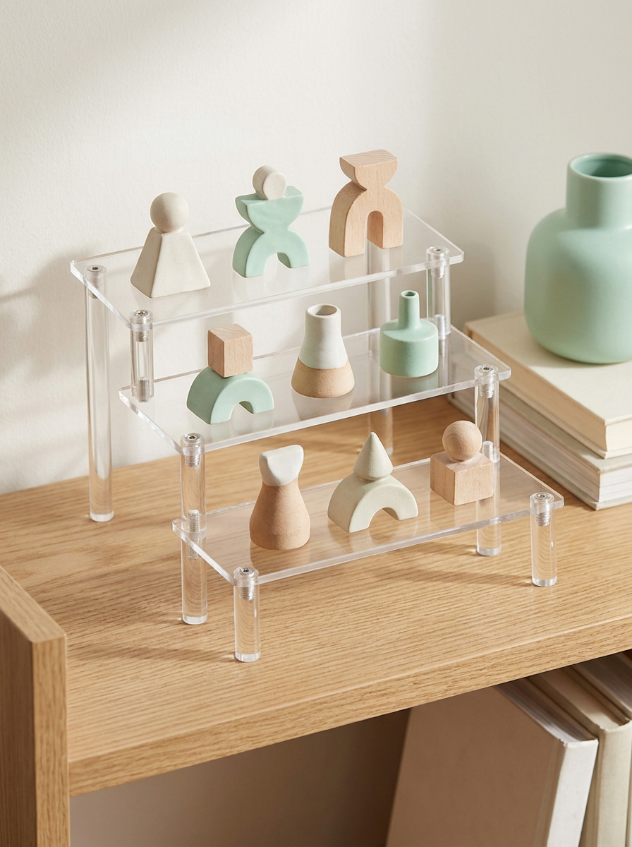 Présentoir escalier 3 niveaux Mintcase avec des figurines sur chaque marche