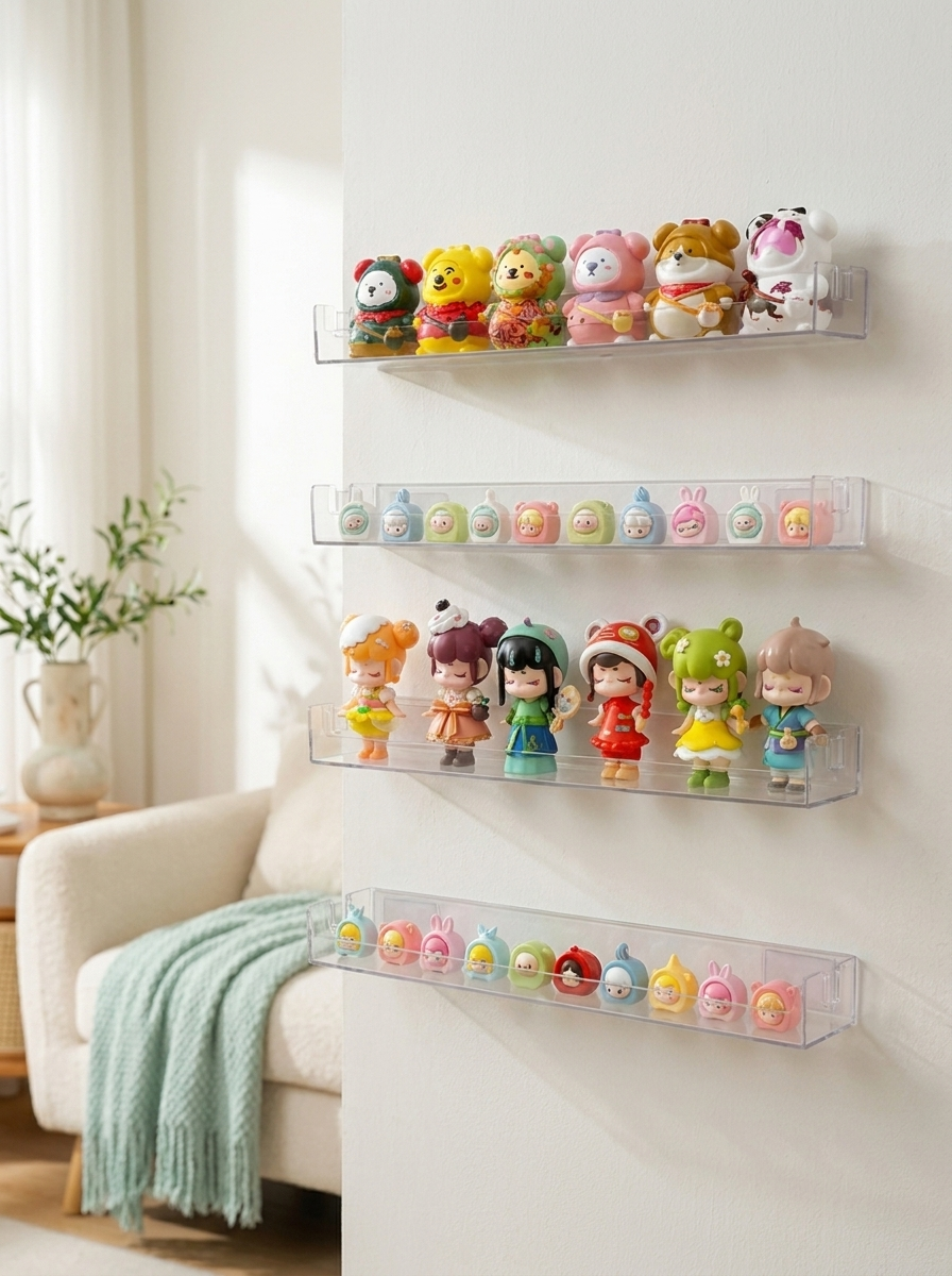 Présentoir mural Mintcase fixé au mur avec de petites figurines