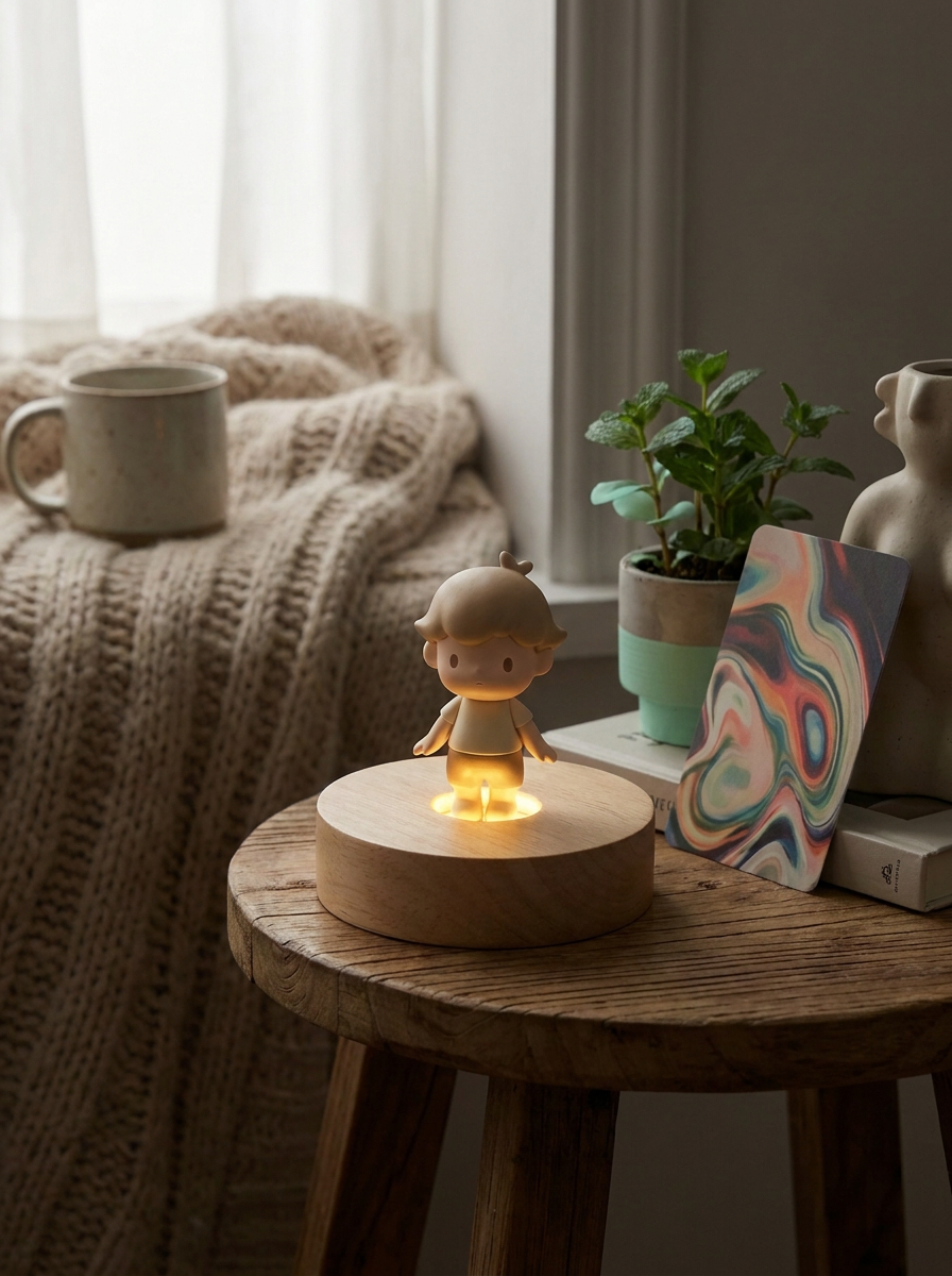Figurine sur le socle LED en bois Mintcase dans une pièce tamisée