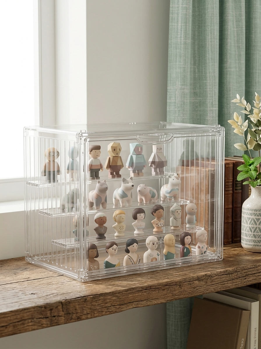 Vitrine 3 niveaux Mintcase sur une étagère avec des figurines