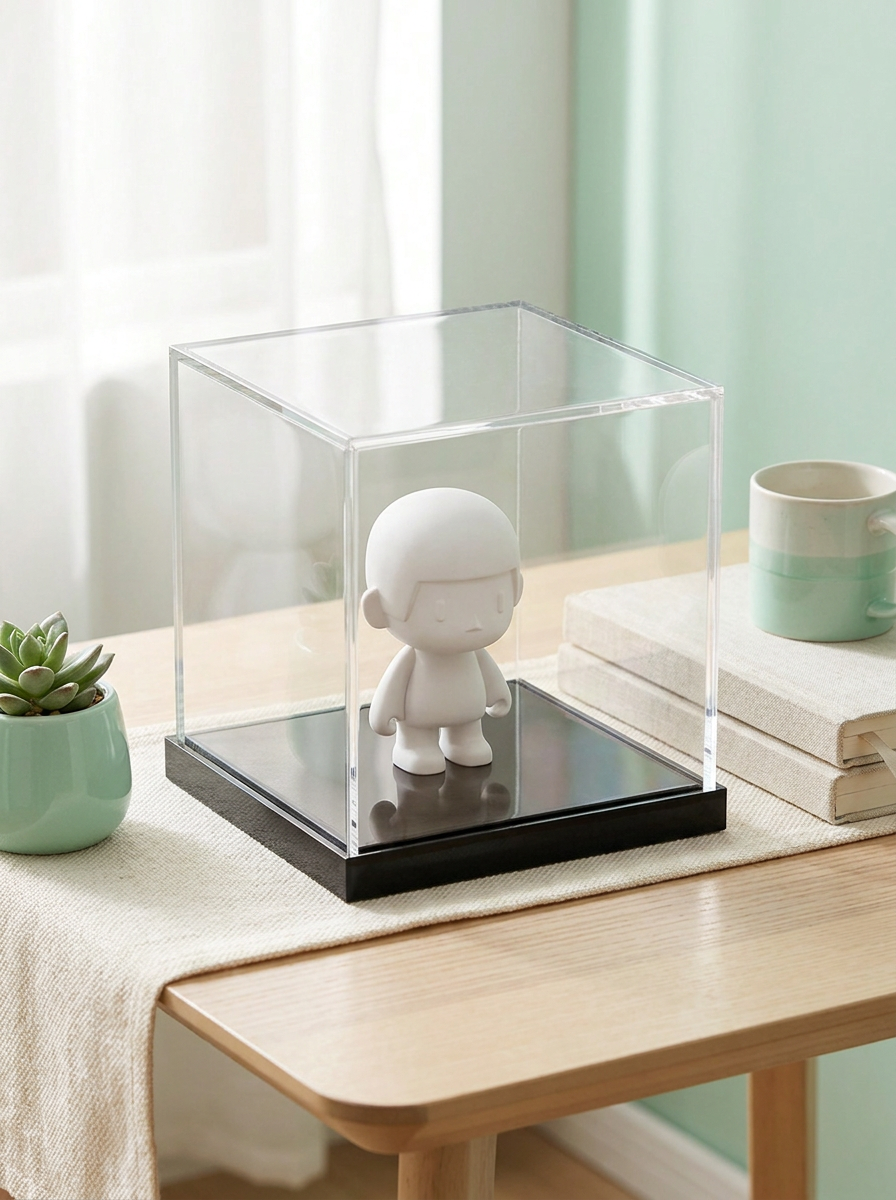 Figurine protégée dans une vitrine acrylique socle noir Mintcase sur un bureau