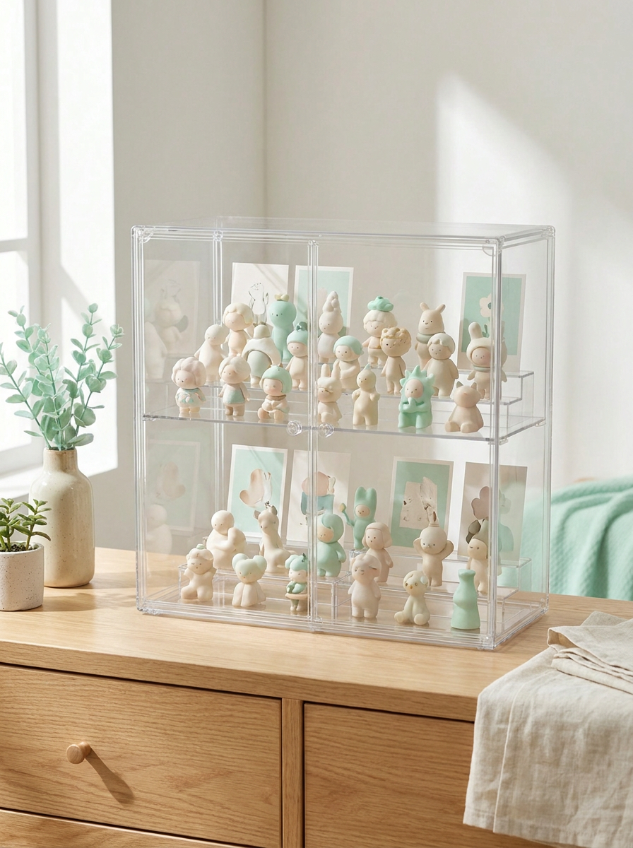 Grande vitrine pliable Mintcase sur une commode avec plusieurs figurines