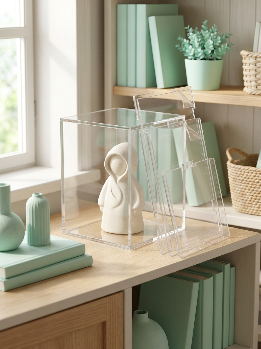 Vitrine à monter taille M Mintcase sur une bibliothèque avec une figurine