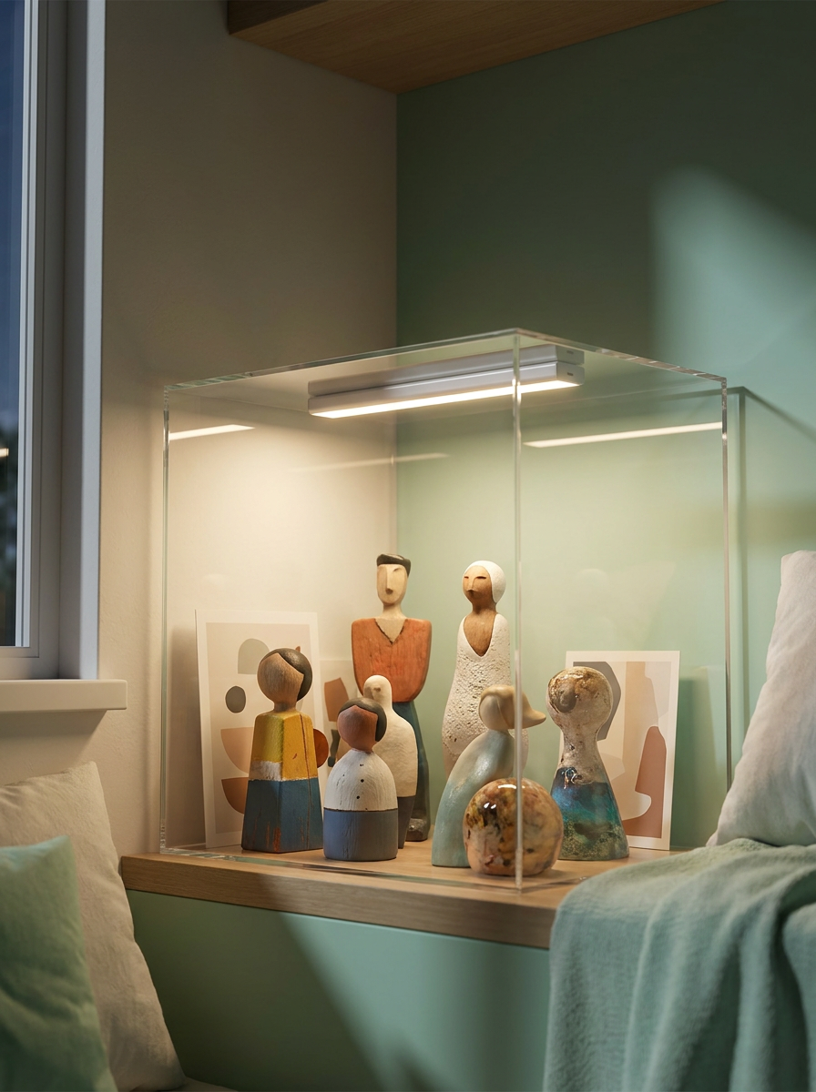 Éclairage LED Mintcase installé dans une vitrine, figurines illuminées la nuit