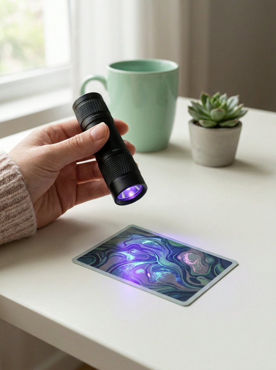 Main qui éclaire une carte avec la lampe UV Mintcase, lueur violette