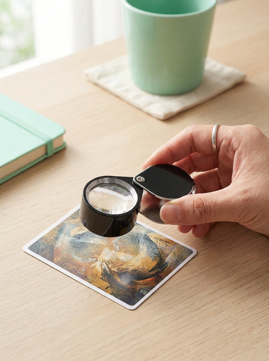 Main qui examine une carte avec la loupe 10× Mintcase