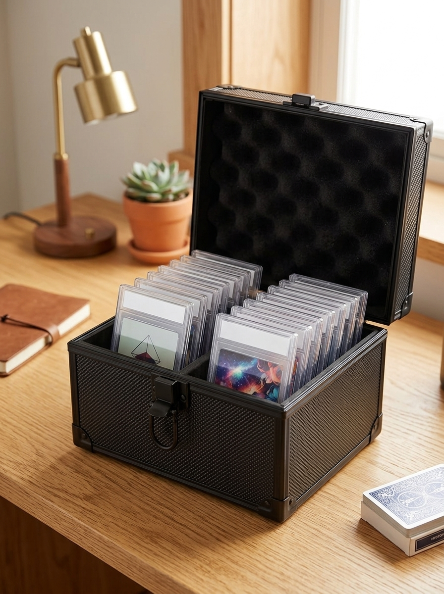Mallette pour cartes gradées posée sur un bureau de collectionneur