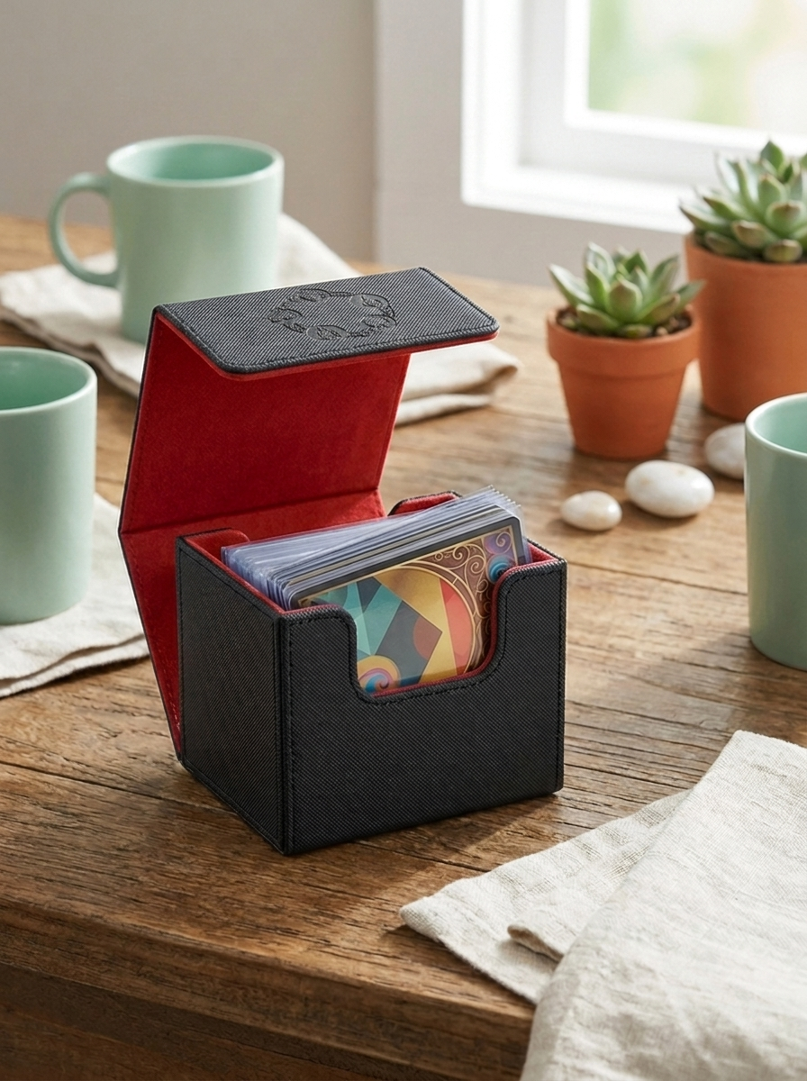 Deck box magnétique noire et rouge ouverte sur une table en bois, deck à moitié sorti