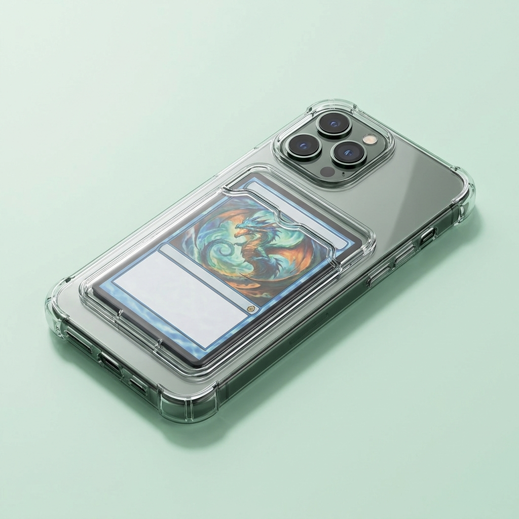 Coque iPhone transparente avec une carte à collectionner glissée dans la fenêtre au dos